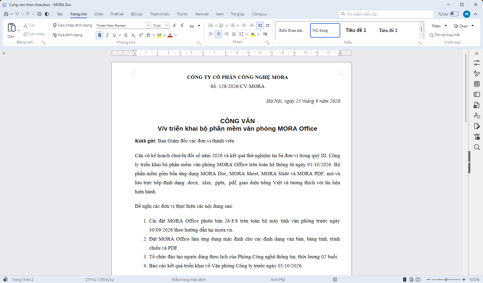 MORA Doc đang mở công văn tiếng Việt