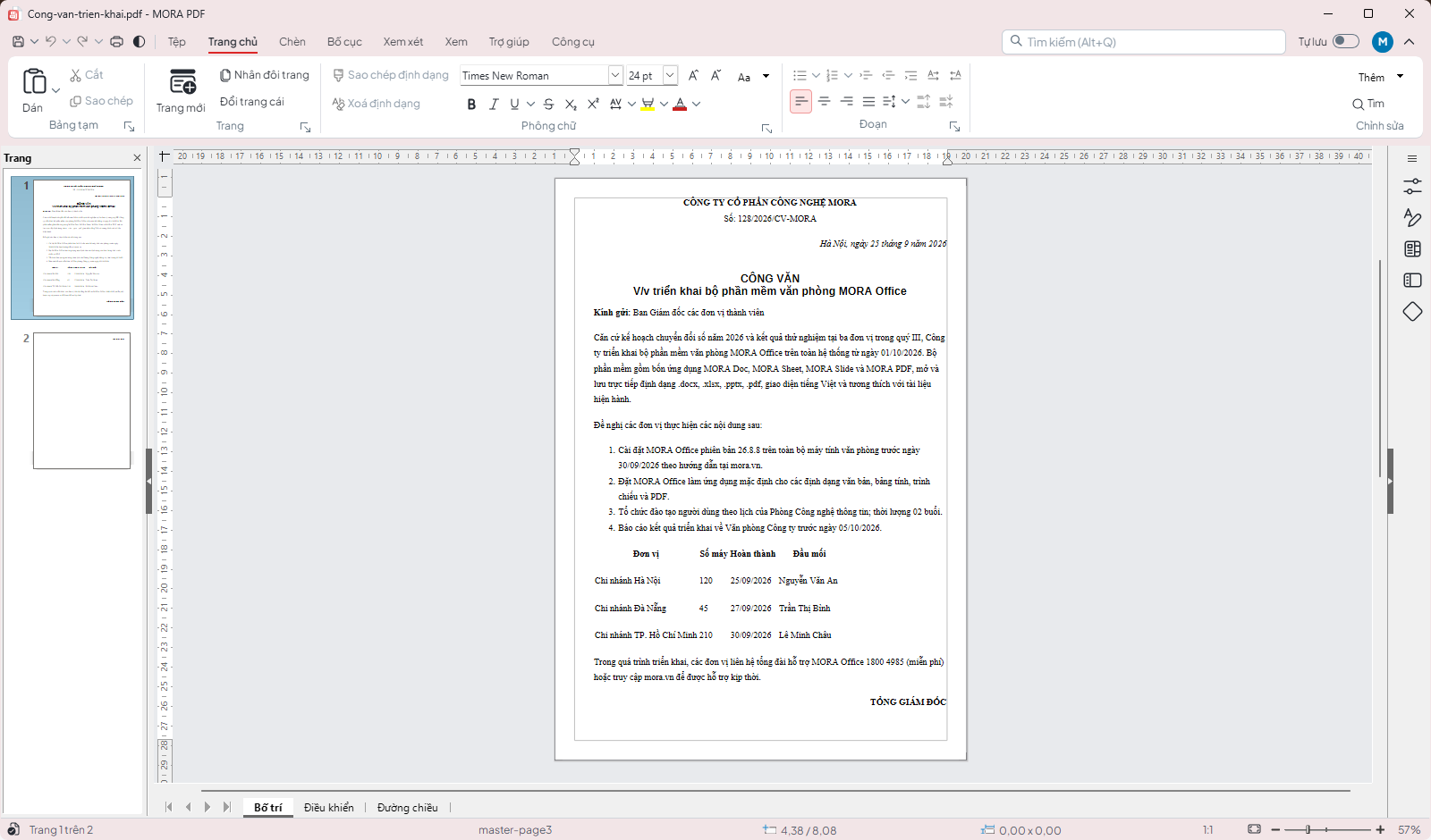 MORA PDF: xem và chú thích công văn PDF, khung trang bên trái.