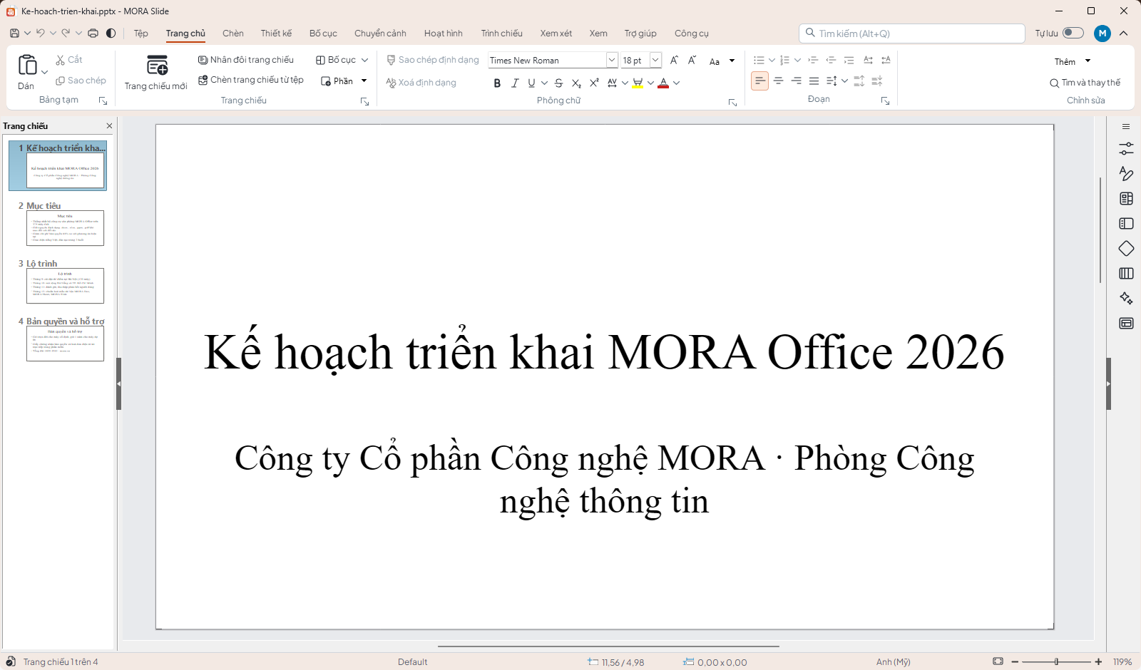 MORA Slide: bài trình chiếu kế hoạch triển khai, bảng bố cục bên phải.
